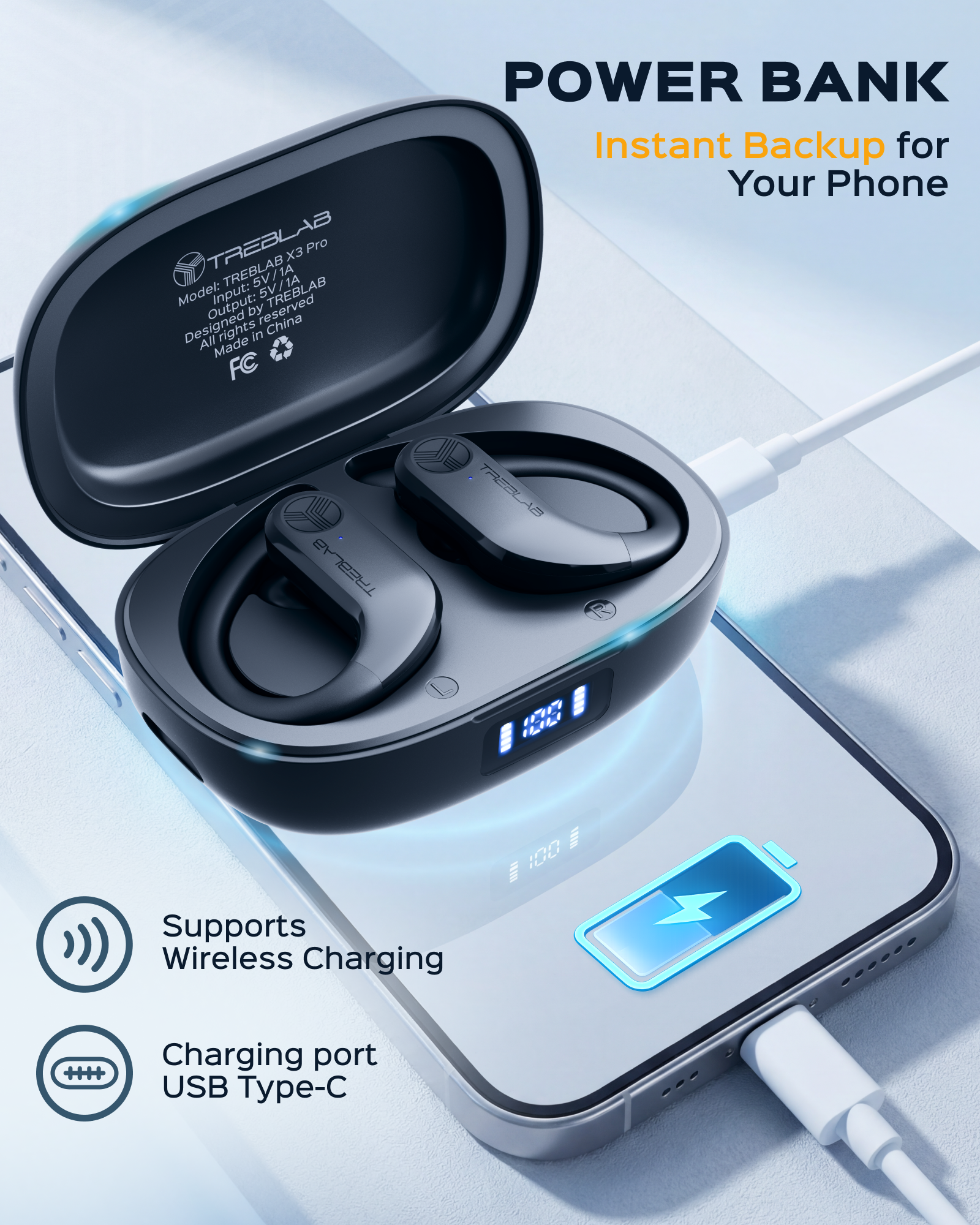 TREBLAB X3 Pro Wireless Earbuds with Earhooks