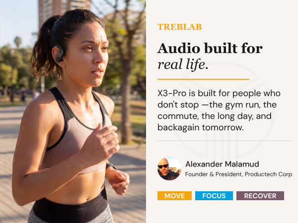 TREBLAB X3-Pro Earbuds Wireless Bluetooth, Earhook IPX5 11H Powerbank | Bluetooth Running Headphones, gaming mode 60ms, wireless charging case, secure earhook, ENC mics, BT 5.4, 9g ultra-light — A+ 1 mobile