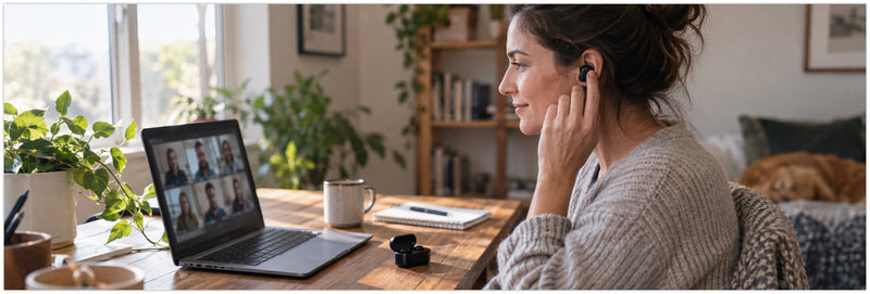 Woman inserting a black wireless earbud while watching a video call grid on her laptop at a home office desk