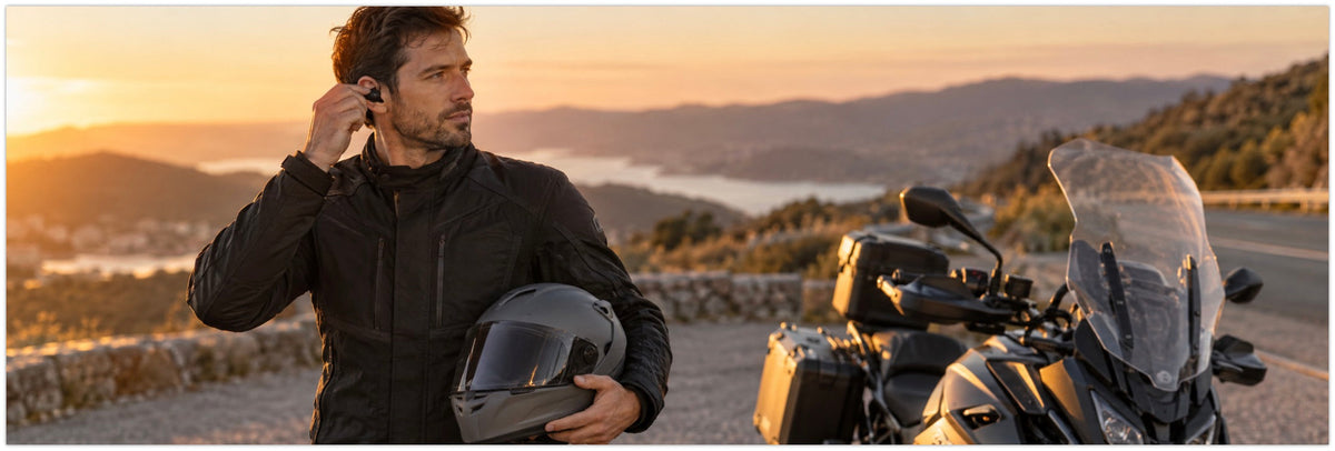 Motorcyclist fitting an ear-hook earbud into his ear while holding a full-face helmet beside a parked motorcycle at sunset