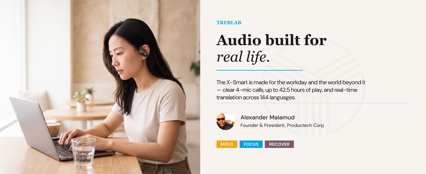 TREBLAB X-Smart Wireless Earbuds with Translation & AI Assistant | 144-language real-time translator, 4 mics, IPX5, earhook secure fit, 8.5H battery, BT 5.4, gaming mode — A+ 1