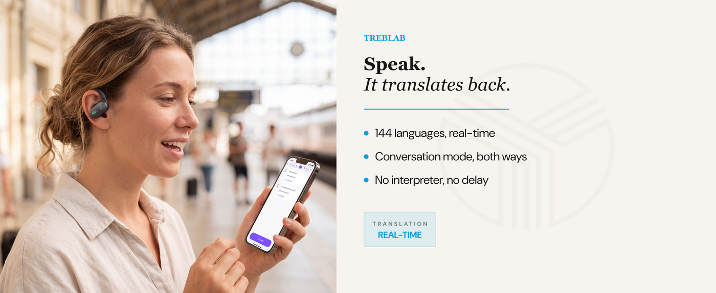 TREBLAB X-Smart Wireless Earbuds with Translation & AI Assistant | 144-language real-time translator, 4 mics, IPX5, earhook secure fit, 8.5H battery, BT 5.4, gaming mode — A+ 3