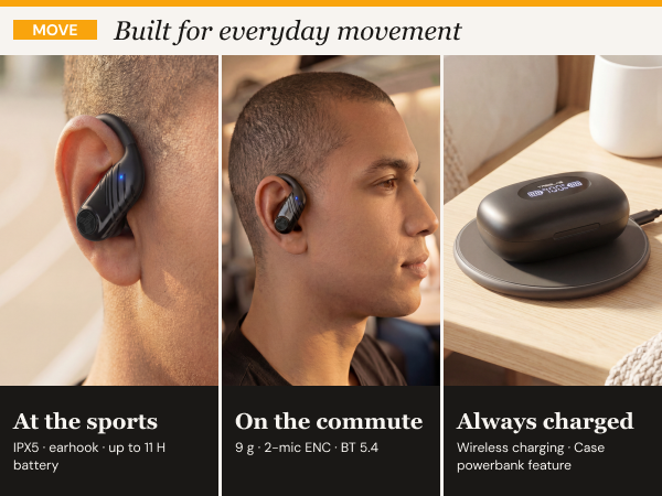 TREBLAB X3-Pro Earbuds Wireless Bluetooth, Earhook IPX5 11H Powerbank | Bluetooth Running Headphones, gaming mode 60ms, wireless charging case, secure earhook, ENC mics, BT 5.4, 9g ultra-light — A+ 4 mobile