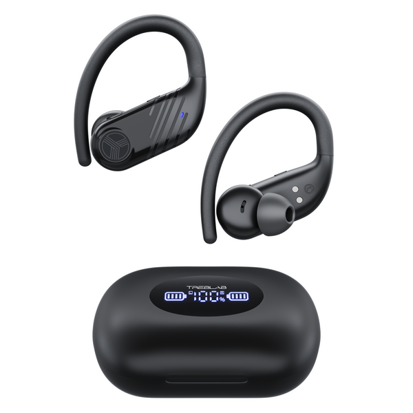 TREBLAB X3-Pro Earbuds Wireless Bluetooth, Earhook IPX5 11H Powerbank | Bluetooth Running Headphones, gaming mode 60ms, wireless charging case, secure earhook, ENC mics, BT 5.4, 9g ultra-light